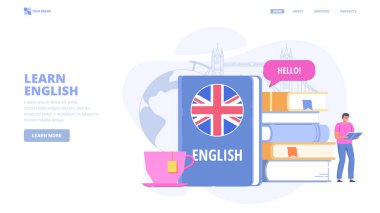 İnternette İngilizce öğren, yabancı dil kursları, kişisel eğitim. İniş sayfası için tasarım. Web sitesi, baskı ve afiş için küçük karakterlere sahip düz vektör illüstrasyonu.