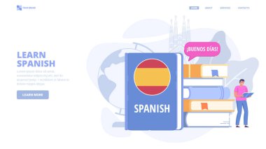 İnternette İspanyolca öğren, yabancı dil kursları, kişisel eğitim. İniş sayfası için tasarım. Web sitesi, baskı ve afiş için küçük karakterlere sahip düz vektör illüstrasyonu.