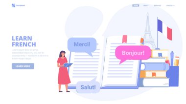 İnternette Fransızca öğren, yabancı dil kursları, kişisel eğitim. İniş sayfası için tasarım. Web sitesi, baskı ve afiş için küçük karakterlere sahip düz vektör illüstrasyonu.