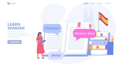İnternette İspanyolca öğren, yabancı dil kursları, kişisel eğitim. İniş sayfası için tasarım. Web sitesi, baskı ve afiş için küçük karakterlere sahip düz vektör illüstrasyonu.