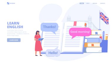 İnternette İngilizce öğren, yabancı dil kursları, kişisel eğitim. İniş sayfası için tasarım. Web sitesi, baskı ve afiş için küçük karakterlere sahip düz vektör illüstrasyonu.