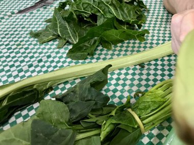 Yeşil bir masa örtüsü üzerinde çiğ pazı, kırsal bir mutfak ortamında yemek pişirmeye hazırlanıyor..