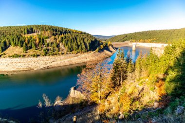 Thüringen Ormanı 'ndaki dar su barajının etrafında sonbahar yürüyüşü - Tambach-Dietharz - Almanya