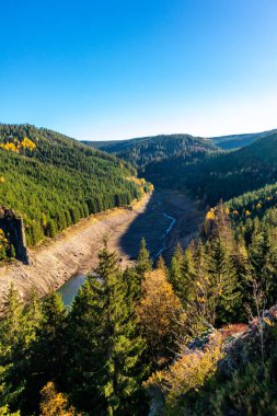 Thüringen Ormanı 'ndaki dar su barajının etrafında sonbahar yürüyüşü - Tambach-Dietharz - Almanya