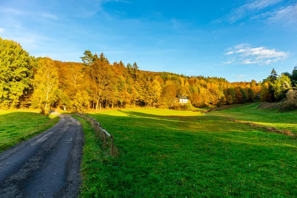 Spacerując Wspaniałym Słońcu Jesienny Dzień Niedaleko Steinbach Hallenberg Turyngia Niemcy — Zdjęcie stockowe
