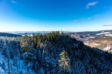 Oberhof yakınlarındaki Thuringian Ormanı 'nın tepelerinde güzel bir kış manzarası.