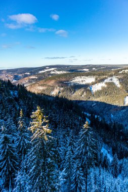 Oberhof yakınlarındaki Thuringian Ormanı 'nın tepelerinde güzel bir kış manzarası.