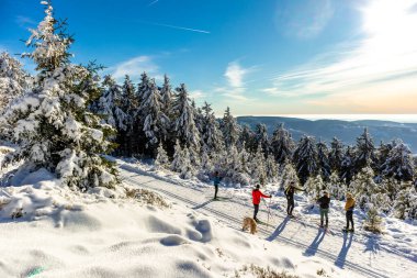 Oberhof yakınlarındaki Thuringian Ormanı 'nın tepelerinde güzel bir kış manzarası.