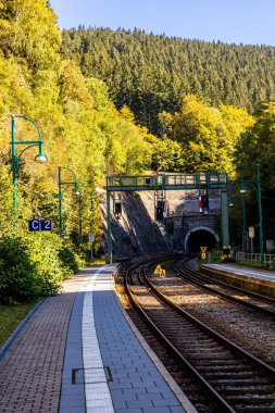 Thüringen Ormanı 'nda Zella-Mehlis ve Oberhof arasında Sternengrund' da güzel bir sonbahar yürüyüşü.