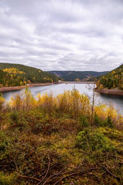 Luisenthal yakınlarındaki Ohratal barajında sonbahar yürüyüşü - Thüringen Ormanı - Thüringen - Almanya