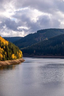 Luisenthal yakınlarındaki Ohratal barajında sonbahar yürüyüşü - Thüringen Ormanı - Thüringen - Almanya