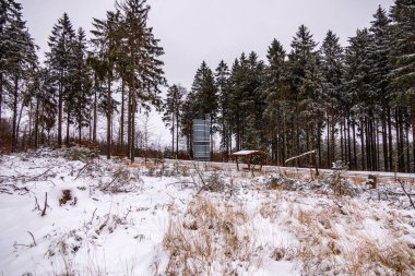 Karla kaplı Thüringen Ormanı 'nda ilk kış yürüyüşü Rennsteig İstasyonu - Thüringen - Almanya