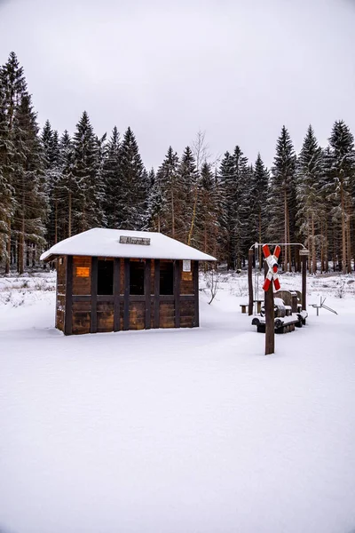 First winter hike through the snow-covered Thuringian Forest at Rennsteig station - Thuringia - Germany