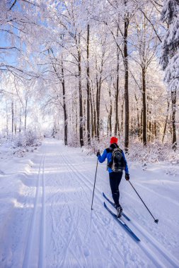 Karlı Thuringian Ormanı 'nda kayak yaparken Floh-Seligenthal - Thüringen - Almanya