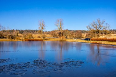 Thüringen, Hesse ve Bavyera - Fladungen - Rhn - Almanya arasındaki eski sınır boyunca güzel güneşli bir günde kısa kış yürüyüşü