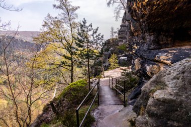 Hirschmhle 'den Saxon İsviçre' deki Carola Kayası 'na bahar yürüyüşü - Schmilka - Saksonya - Almanya