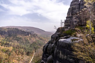 Hirschmhle 'den Saxon İsviçre' deki Carola Kayası 'na bahar yürüyüşü - Schmilka - Saksonya - Almanya