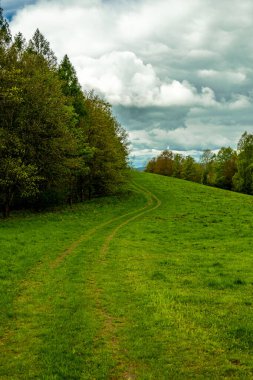 Schmalkalden kasabasındaki Hhenweg patikasında tipik nisan havasıyla kısa bir yürüyüş - Thüringen - Almanya