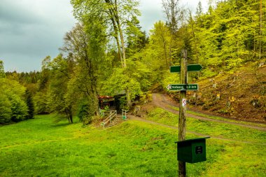 Schmalkalden kasabasındaki Hhenweg patikasında tipik nisan havasıyla kısa bir yürüyüş - Thüringen - Almanya