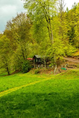 Schmalkalden kasabasındaki Hhenweg patikasında tipik nisan havasıyla kısa bir yürüyüş - Thüringen - Almanya