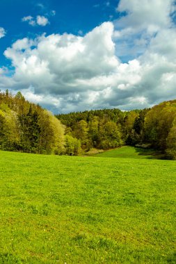 Schmalkalden kasabasındaki Hhenweg patikasında tipik nisan havasıyla kısa bir yürüyüş - Thüringen - Almanya