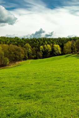 Schmalkalden kasabasındaki Hhenweg patikasında tipik nisan havasıyla kısa bir yürüyüş - Thüringen - Almanya