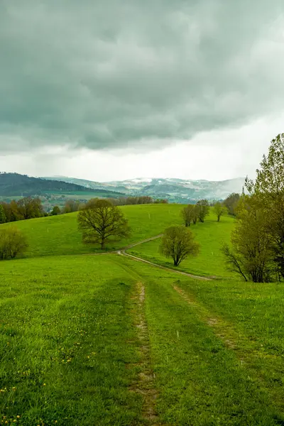 Короткий Поход Горной Тропе Городе Шмальфеден Типичной Апрельской Погодой Тюрингия Стоковая Картинка