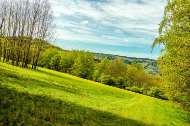 Riedenberg yakınlarındaki Schwarzen Berge 'deki Sinntal Vadisi' nden Bavyera 'ya bahar yürüyüşü.
