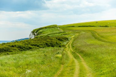 Birleşik Krallık 'ın Swanage-Dorset liman kasabasındaki Old Harry Rocks' a kısa bir yürüyüş turu.