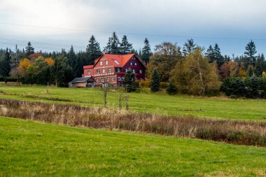 Thüringen 'in renkli ormanlarındaki Ebertswiese' deki dağ gölüne yapılan sonbahar yürüyüşü - Almanya