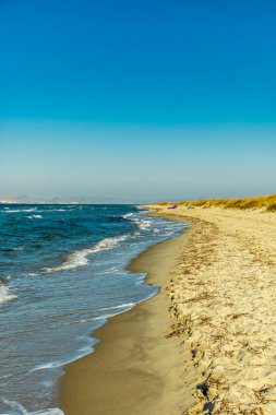 Güney Ege 'deki Marmari' deki güzel tuz gölü etrafında birkaç flamingo manzaralı sahilde kısa bir yürüyüş - Yunanistan 
