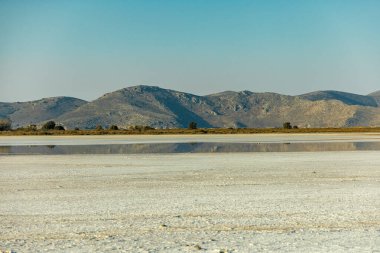 Güney Ege 'deki Marmari' deki güzel tuz gölü etrafında birkaç flamingo manzaralı sahilde kısa bir yürüyüş - Yunanistan 