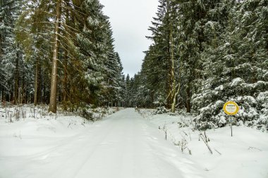 Karla kaplı Thüringen Ormanı 'ndaki Rennsteig tren istasyonuna kış yürüyüşü - Schmiedefeld - Thüringen - Almanya