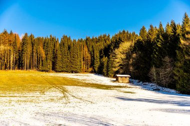 Güneşli bir günde, güzel Rhn-Hesse 'de Wasserkuppe civarında kısa bir kış yürüyüşü.