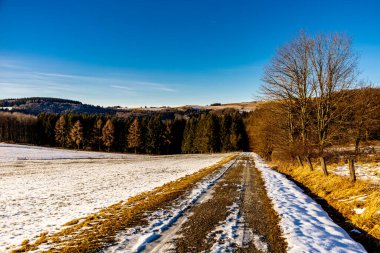 Güneşli bir günde, güzel Rhn-Hesse 'de Wasserkuppe civarında kısa bir kış yürüyüşü.