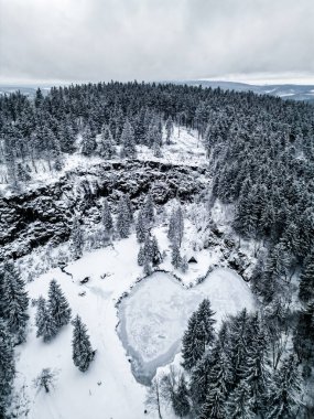 Karla kaplı Thüringen Ormanı 'ndan Ebertswiese' deki dağlık göle, Floh-Seligenthal - Thüringen - Almanya