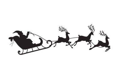 Noel Baba ren geyiğiyle kızakla uçuyor. Vektör çizimi. Ayrı bir nesne. Siyah siluet. Noel zamanı. Yeni Yıl