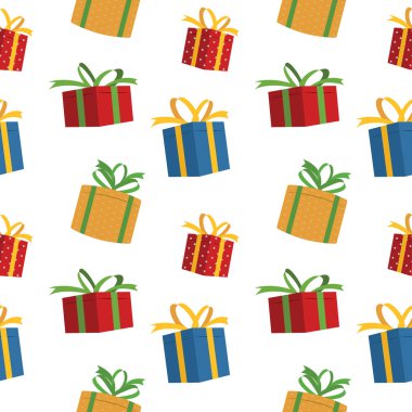 Güzel hediye kutularıyla Noel tatili için kusursuz bir desen. Kumaş, ambalaj kağıdı, tekstil, duvar kağıdı ve giysi için çocukça bir geçmiş. Vektör İllüstrasyonu