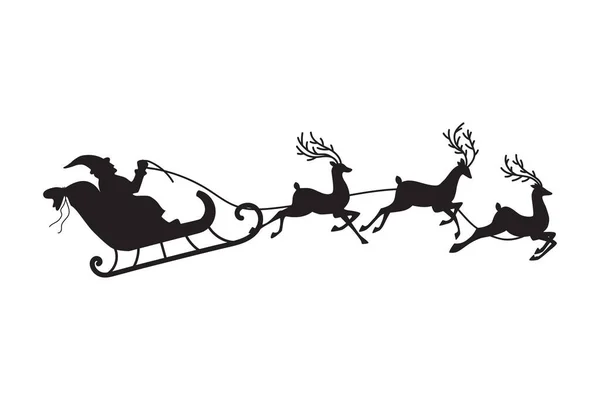 サンタはトナカイとそりで飛んでいる ベクトルイラスト 孤立した物体 黒のシルエット クリスマスだ — ストックベクタ