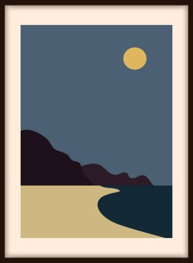 Minimalist ay tasarımı. Modern peyzajlar, asgari el çizimi stili, pastel renkler. Duvar kağıdı, duvar sanatı, baskı, kapak ve arka plan için tasarım. Vektör illüstrasyonu.