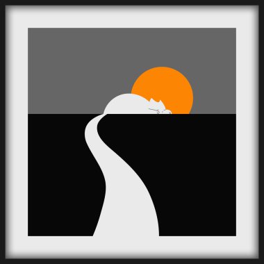 Uyuyan kedi ve ay ile minimalist tasarım. Modern manzara, kediler. Minimum el çizimi, pastel renkler. Duvar kağıdı, duvar sanatı, baskı, kapak ve arka plan için tasarım. Vektör illüstrasyonu.