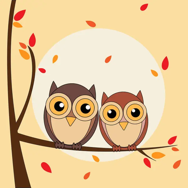 Owls Couple Branches Autumn Background Vector Illustration — Stock Vector