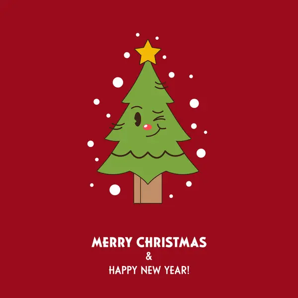 圣诞贺卡上挂着微笑的卡通圣诞树和灯火通明的花环 平面设计 矢量说明 — 图库矢量图片
