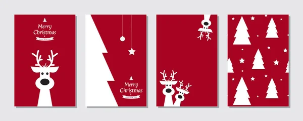 Set Cute Reindeer Red Background Christmas Background Banner Card Collection — Stock Vector