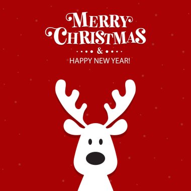 Kırmızı arka planda şirin bir Noel geyiği. Noel arkaplanı, afiş veya kart.