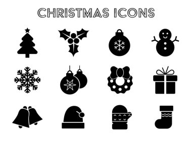 30 Noel simgesi, Noel ağacı süslemeleri, tebrik kartları için desenler, beyaz arkaplanda izole edilmiş düz vektör çizimi.