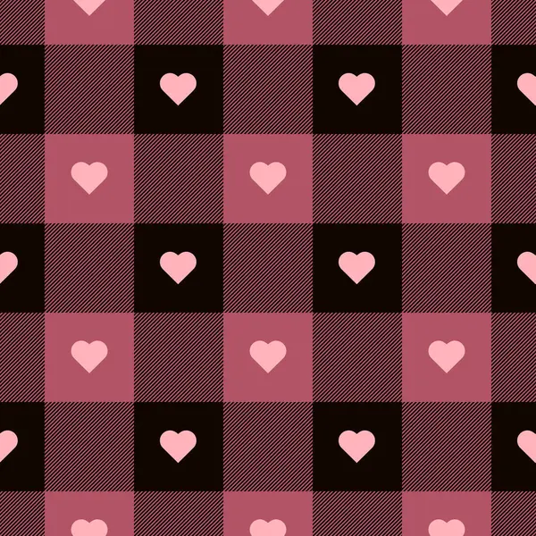 Siyah ve pembe kalpleri olan ekose desenler kontrol edildi. Gingham Desenli Düzenleme Vuruşu. Çizgi film İllüstrasyonu, Mat, Kumaş, Tekstil, Atkı, Ambalaj Kağıdı