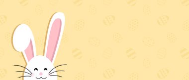 Easter bunny ears mask vector illustration. Rabbit ear spring hat set. Easter Day. Colorful Happy Easter greeting card with rabbit, bunny, eggs with banners