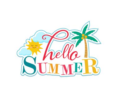 Merhaba Summer düzenlenebilir metin efekti şablonu. Vektör yaz kartları. Güzel posterler, çocuk tişörtleri, odalar ya da yatak odaları için çıkartmalar. Arka planda yaz meyveleri, ağaçlar. Elle çizilmiş mektuplar.