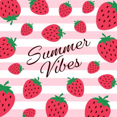 Çilekli ve harfli vektör kartı. Merhaba yaz. Yaz tasarımı için tipografik basılabilir pankart. El çizimi soyut meyve arkaplanı.